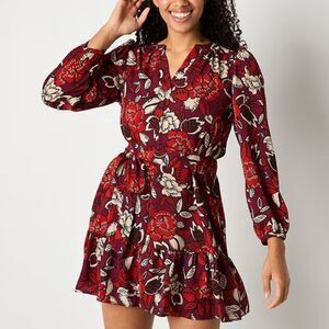 Maia burgundy red and cream print long sleeve belted flowy dress size 14 NWT